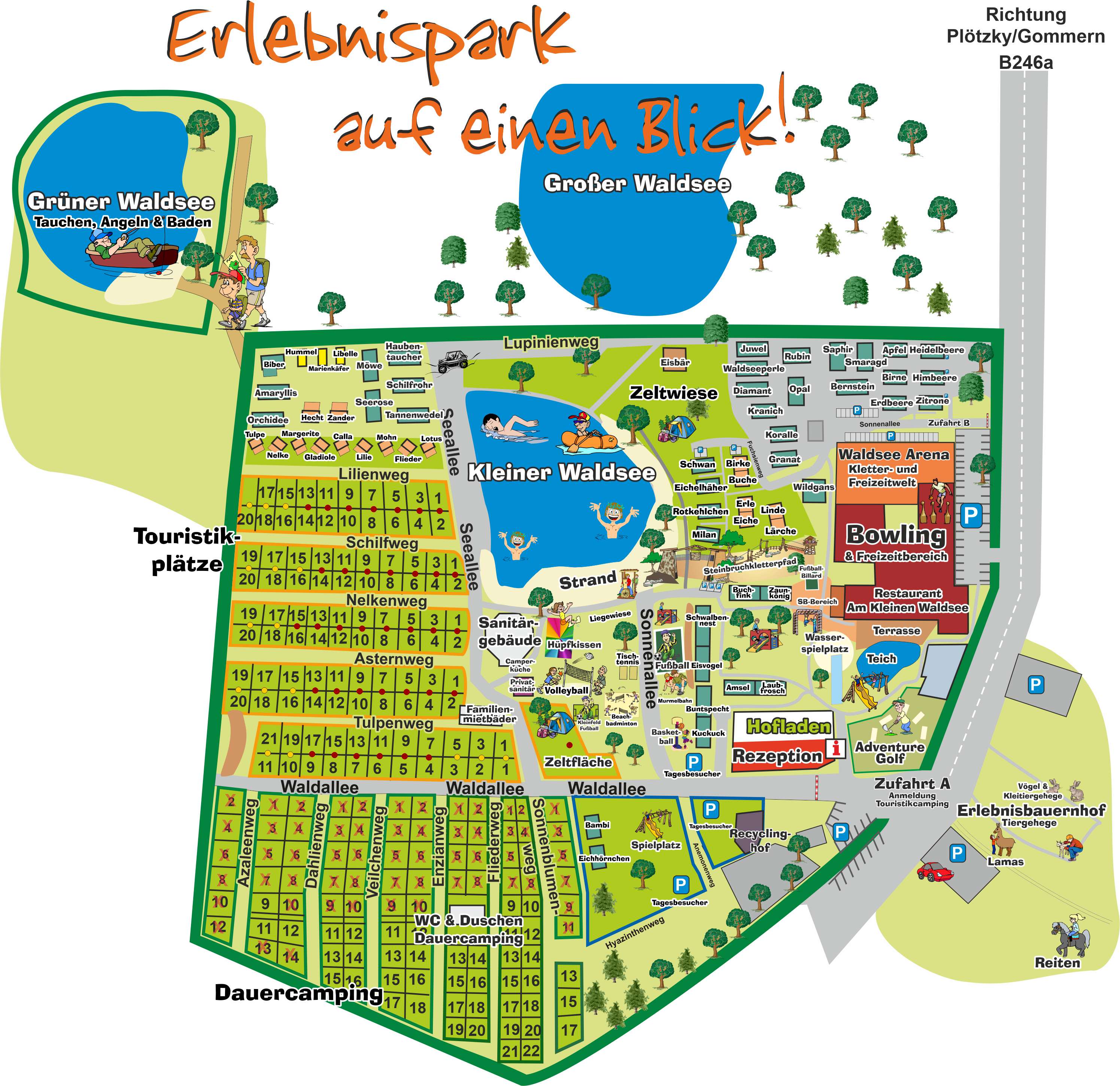 Stellplätze und Ferienhäuser im Erlebnispark auf einen Blick